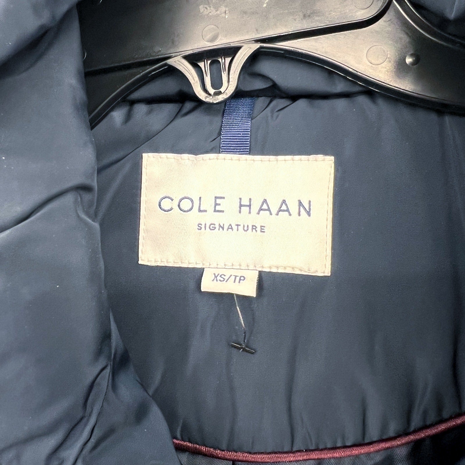 COLE HAAN Women’s Box Quilt Down Puffer Coat XS Navy Blue Hooded NWT