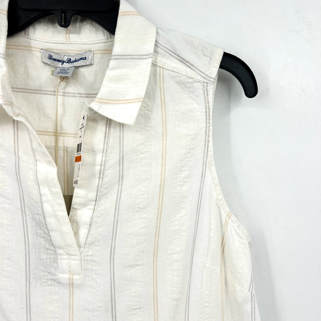 TOMMY BAHAMA Womens Palm View Popover Top Small White Linen-Blend Striped NWT