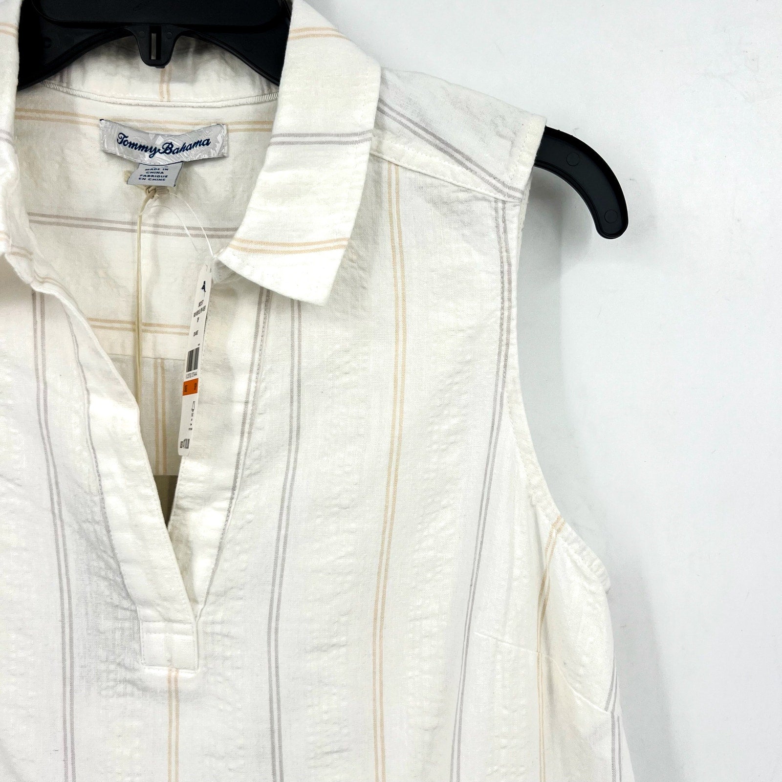 TOMMY BAHAMA Womens Palm View Popover Top Small White Linen-Blend Striped NWT