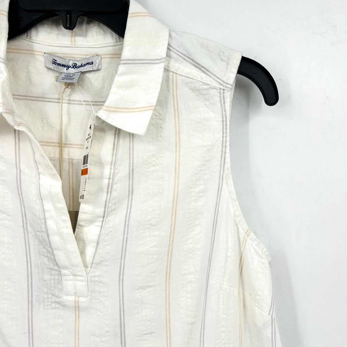 TOMMY BAHAMA Womens Palm View Popover Top Small White Linen-Blend Striped NWT