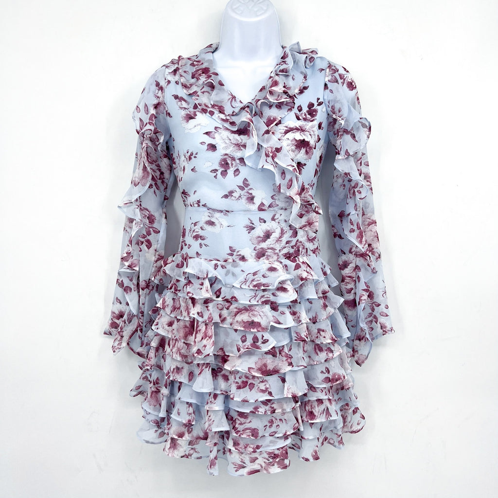 BARDOT JUNIOR Girl's Lianna Floral Frill Dress Size 14 Sky Blue Long Sleeve NWT