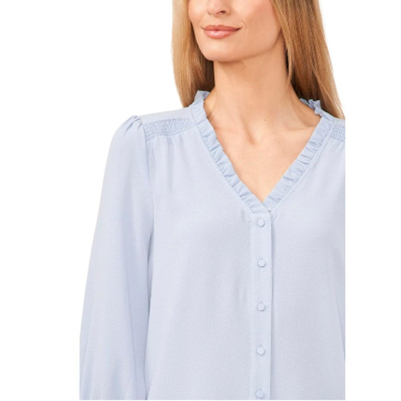 CECE Women's Ruffled Popover Blouse Small Blue Air V Neck 3/4-Sleeve NWT