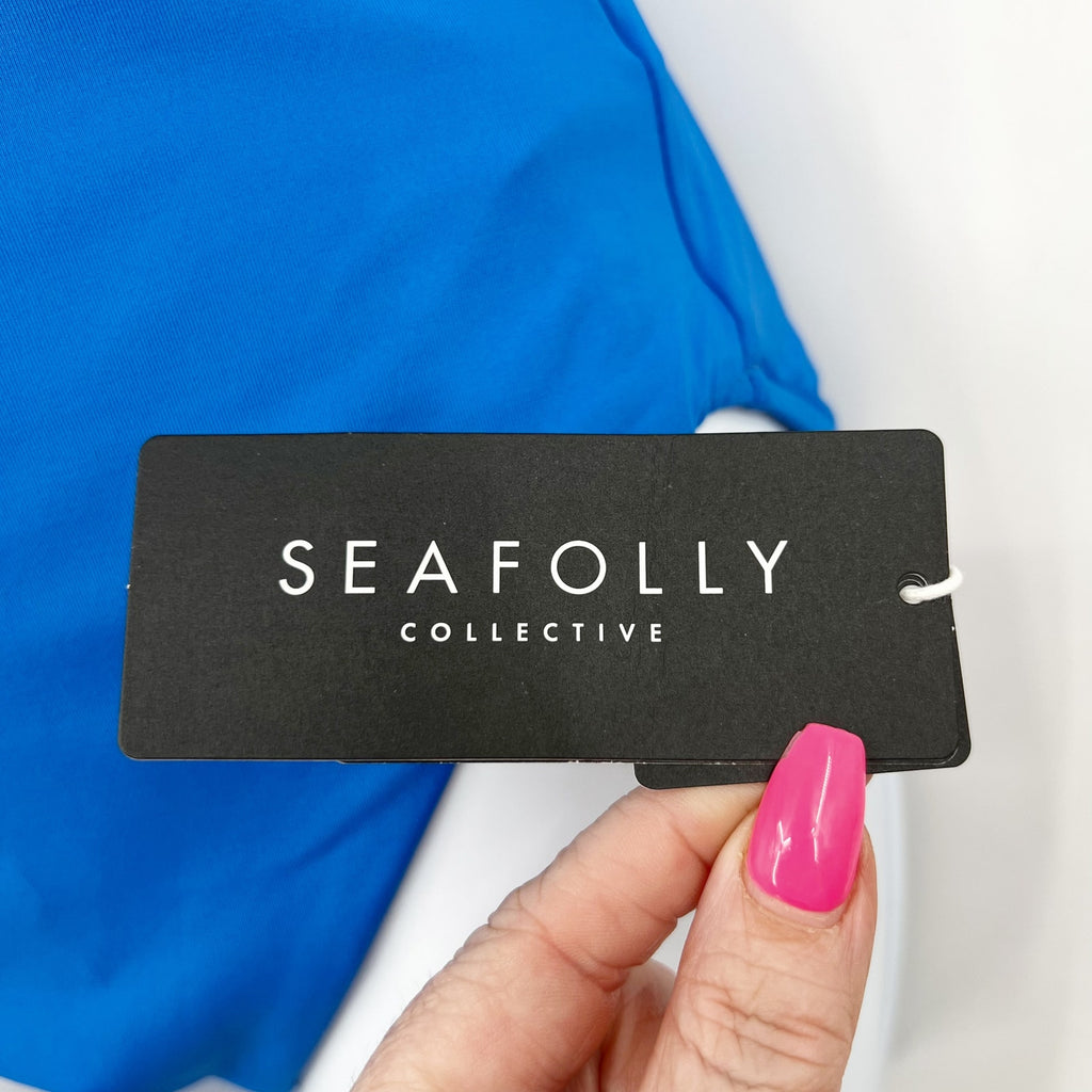 SEAFOLLY COLLECTIVE Cross Back One Piece Swimsuit Size 14 Blue Deep V Neck NWT
