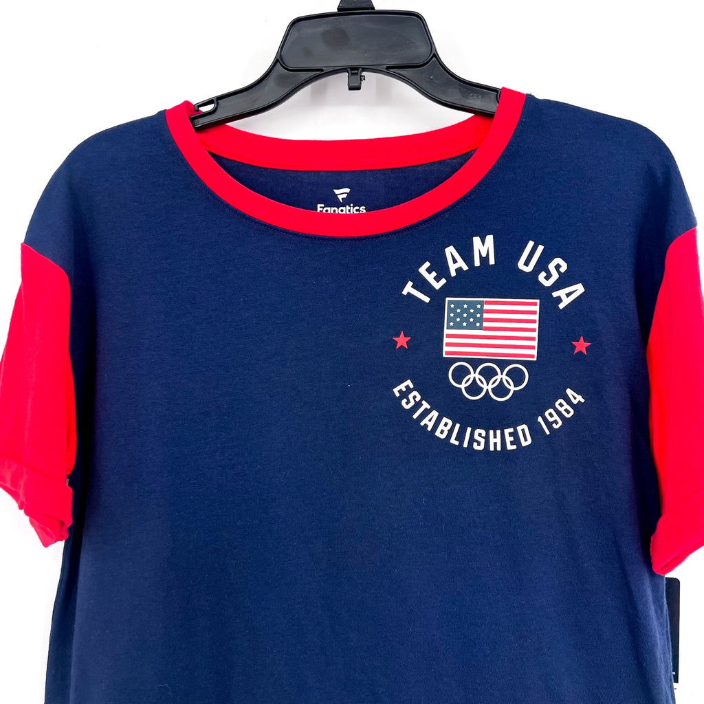 FANATICS Womens Team USA Circle Badge Cropped T-Shirt LARGE Navy Blue Red NWT