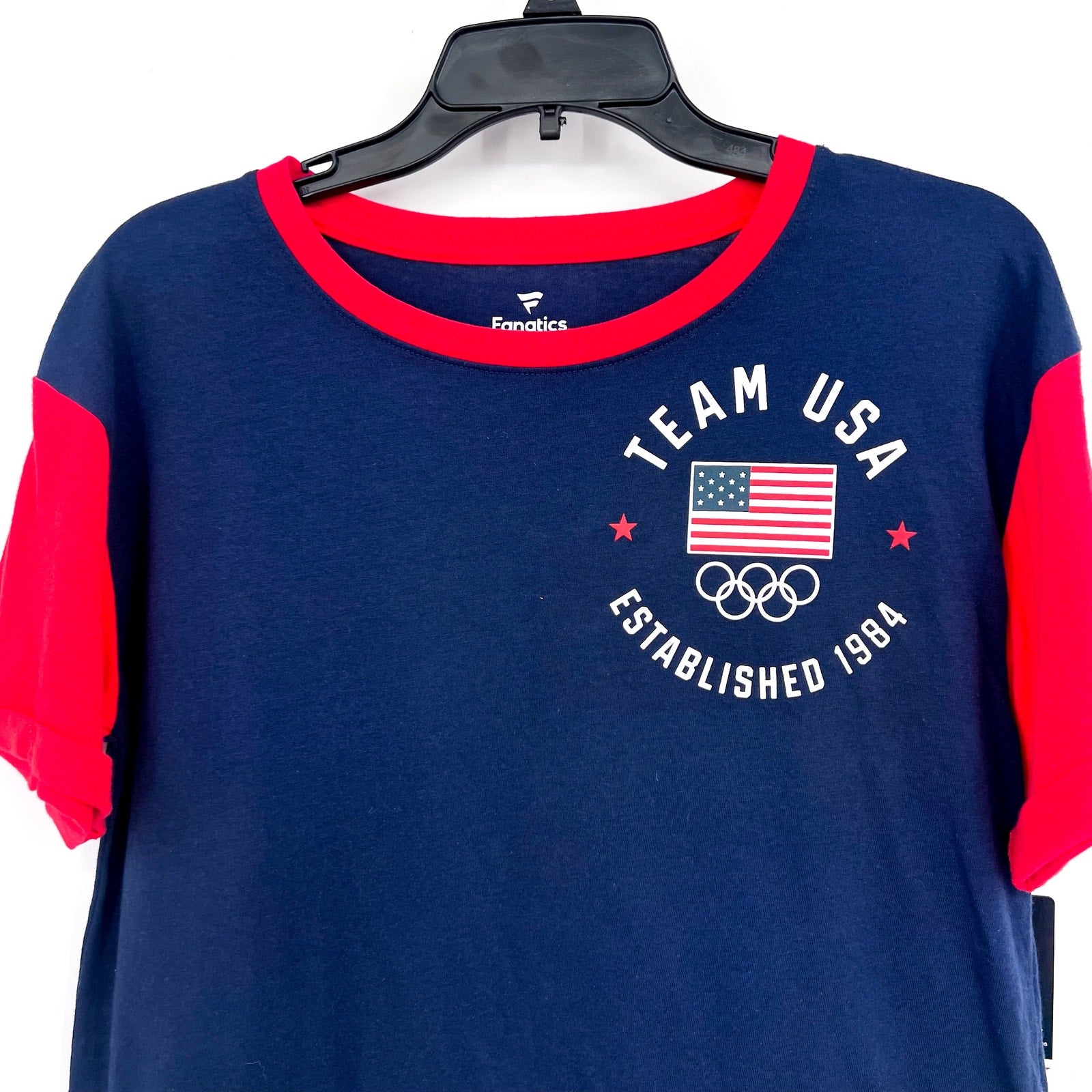 FANATICS Womens Team USA Circle Badge Cropped T-Shirt LARGE Navy Blue Red NWT