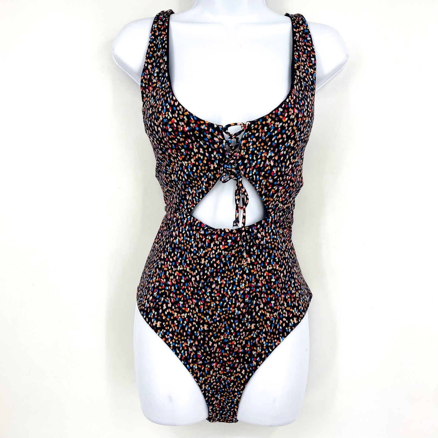 PRANA Women's Ruby Beach One-Piece Swimsuit Large Black Multi Alotta Dots NWT