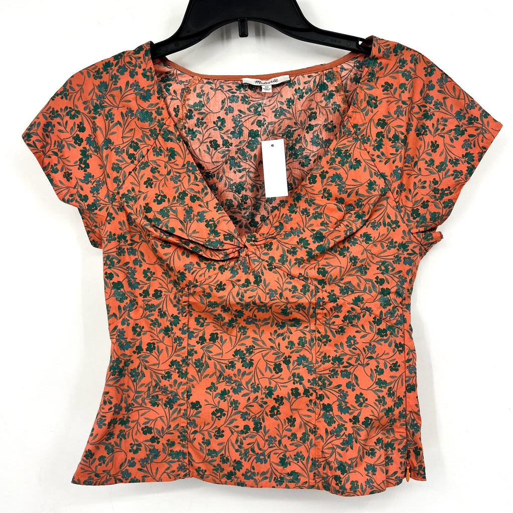 MADEWELL Womens Amari Twist Top Size 00 Orange Floral Short Sleeve NP029 NWT