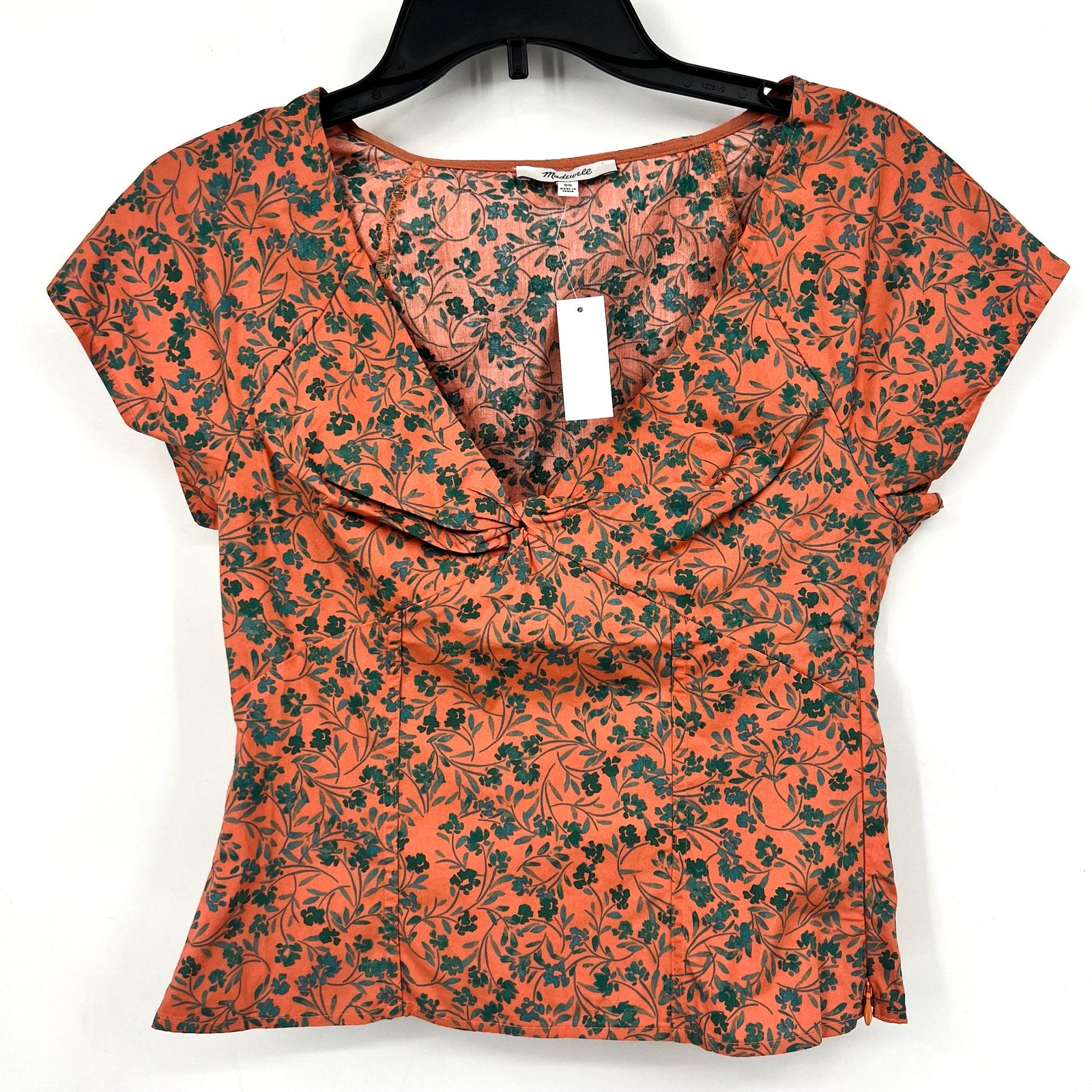 MADEWELL Womens Amari Twist Top Size 00 Orange Floral Short Sleeve NP029 NWT