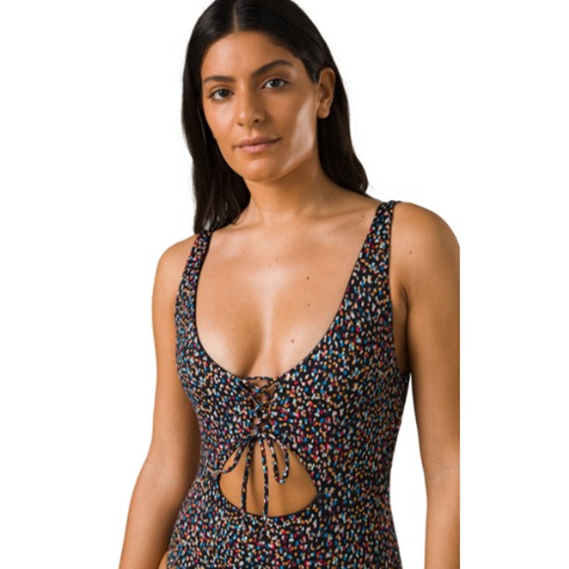 PRANA Women's Ruby Beach One-Piece Swimsuit Large Black Multi Alotta Dots NWT