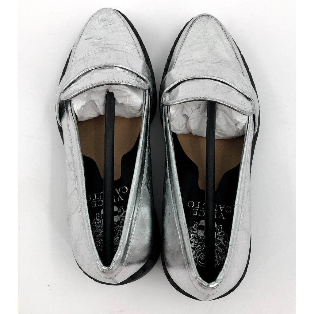 VINCE CAMUTO Women's Echika Loafers Size 6 Silver Leather Block Heel Penny NWOB