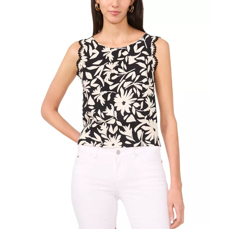 VINCE CAMUTO Women's Floral-Print Top Small Black White Crocheted-Trim NWT