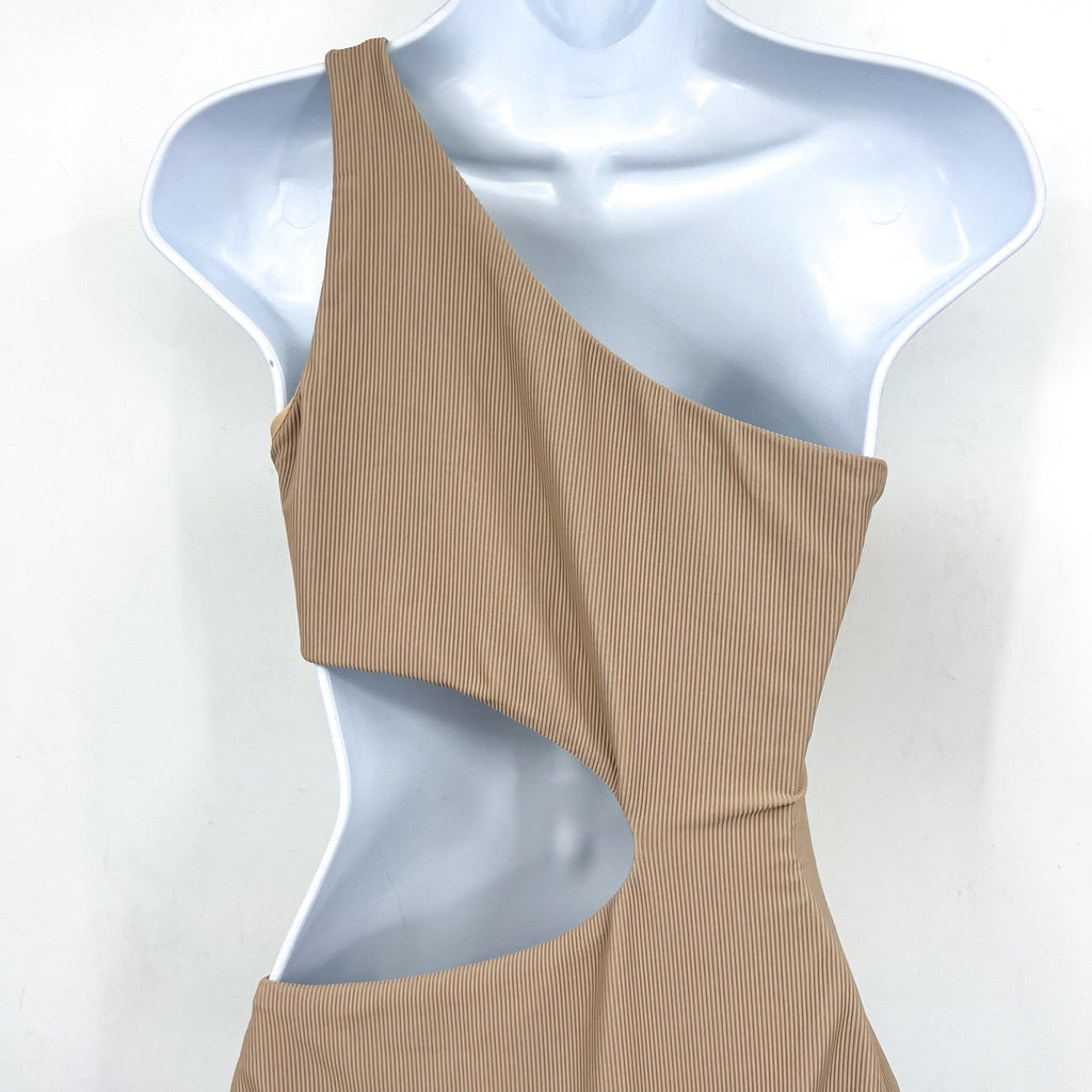 BEACH RIOT Women's Celine One Piece Swimsuit Medium Tan Cut Out One Shoulder NWT