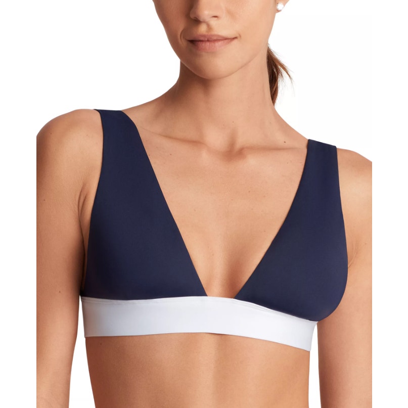 LAUREN RALPH LAUREN Women's Banded V Neck Bikini Top Size 12 Blue Bel Air NWT