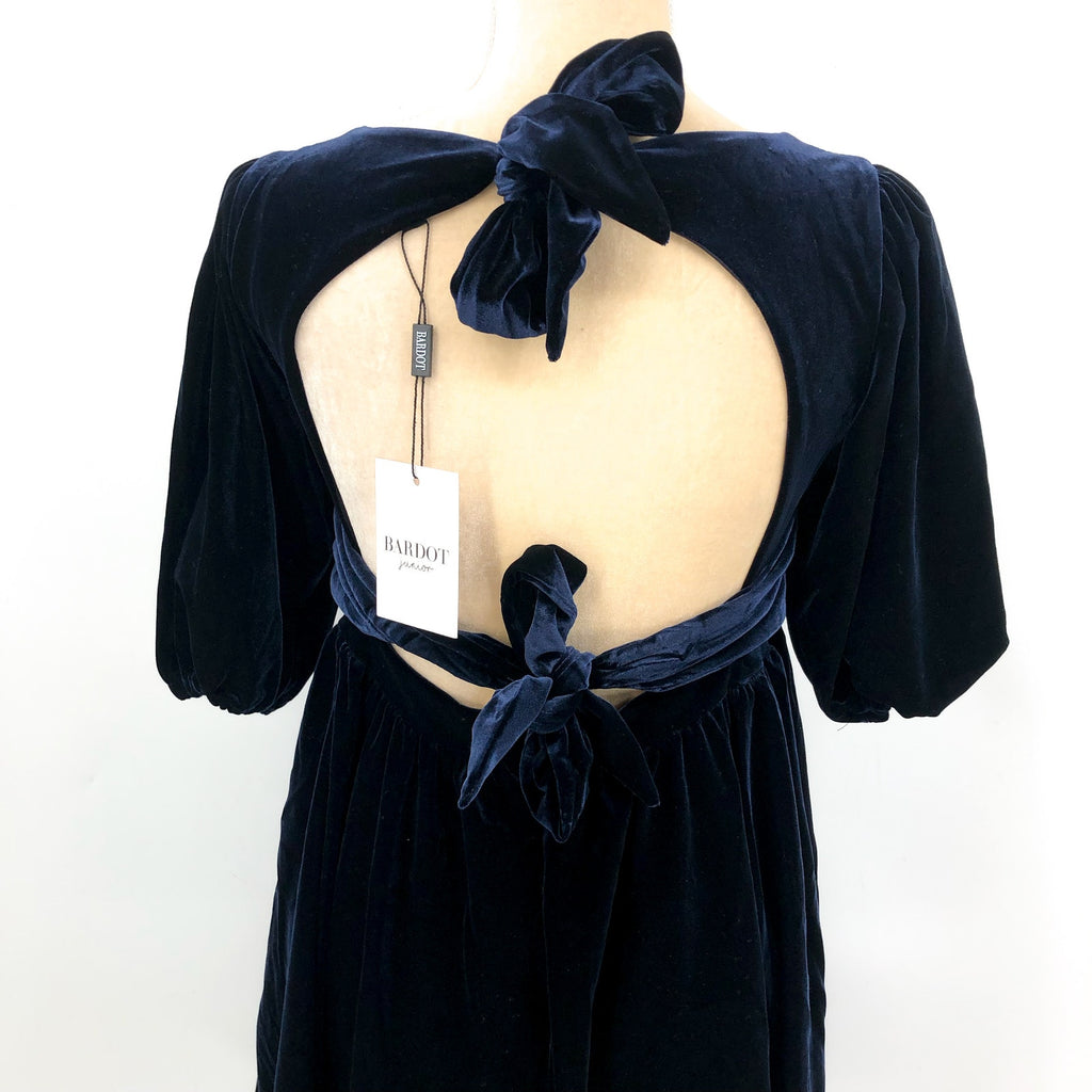 BARDOT Girl's Wynter Velour Dress Size 16 Navy Blue Short Puff Sleeve NWT