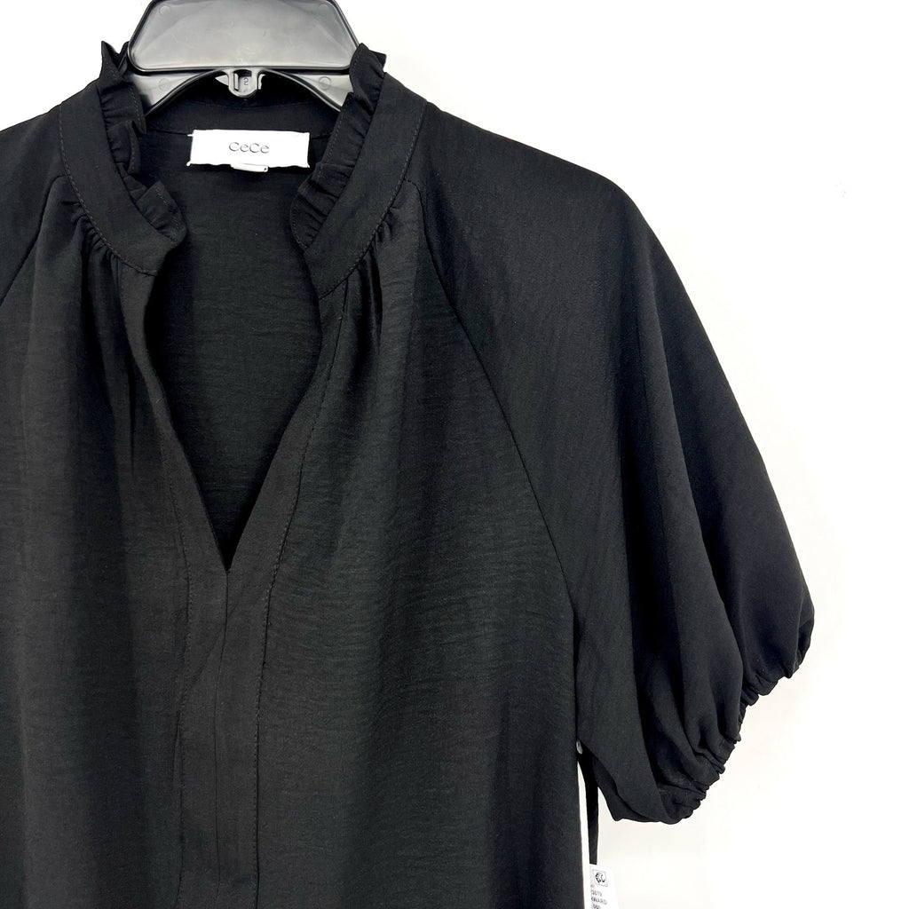 CECE Women's Ruffle Neck Blouse Top Medium Rich Black Raglan Split Seam NWT