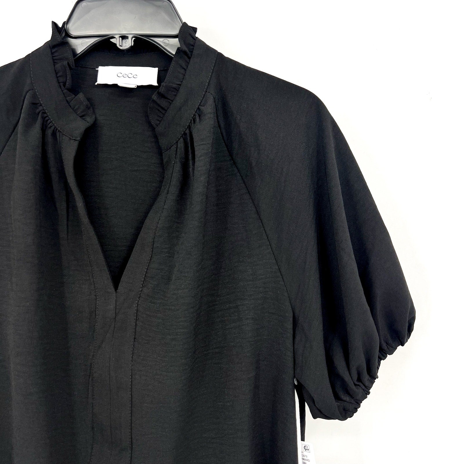 CECE Women's Ruffle Neck Blouse Top Medium Rich Black Raglan Split Seam NWT