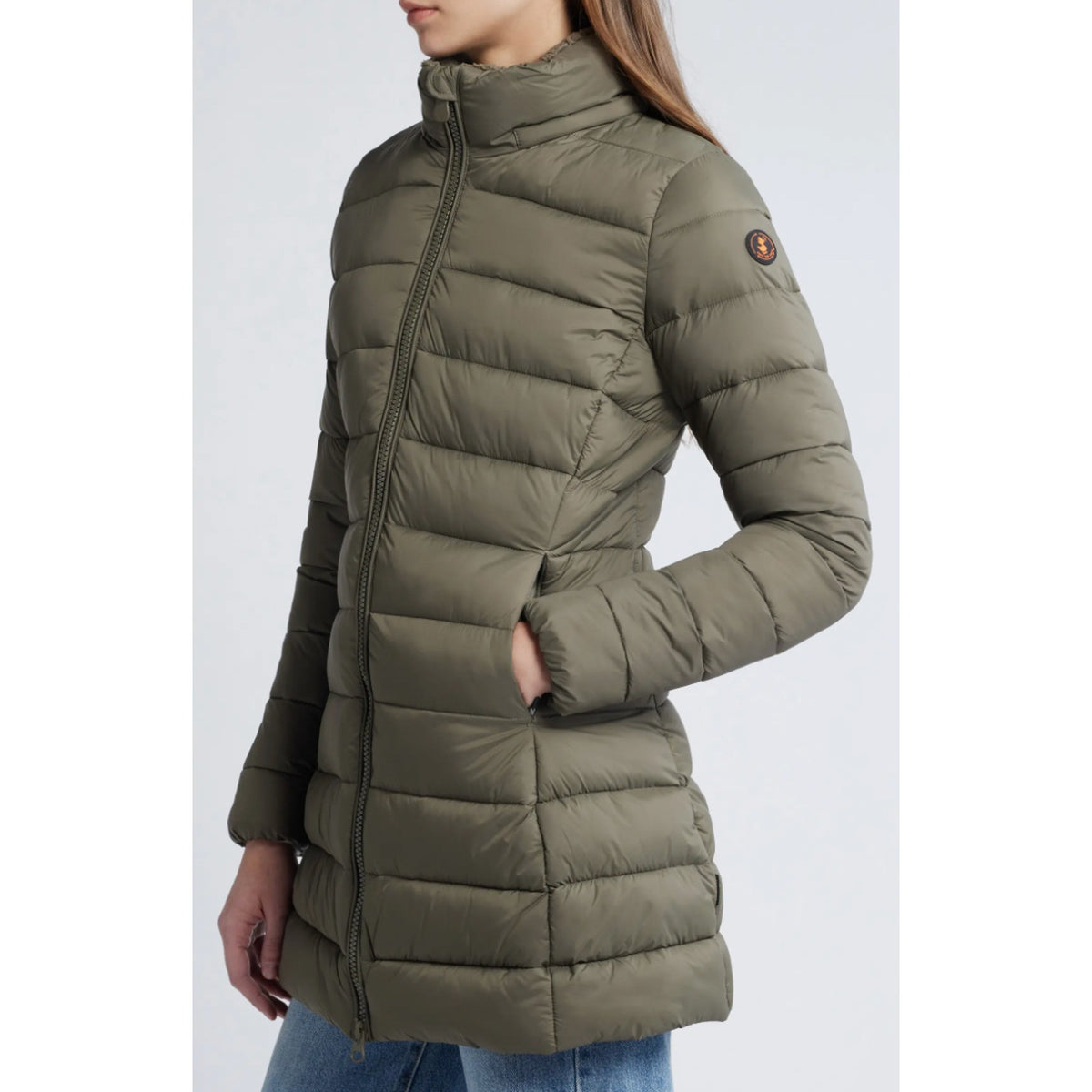 SAVE THE DUCK Joanne Hooded Longline Puffer Jacket Large Size 12 Grey Taupe NWT