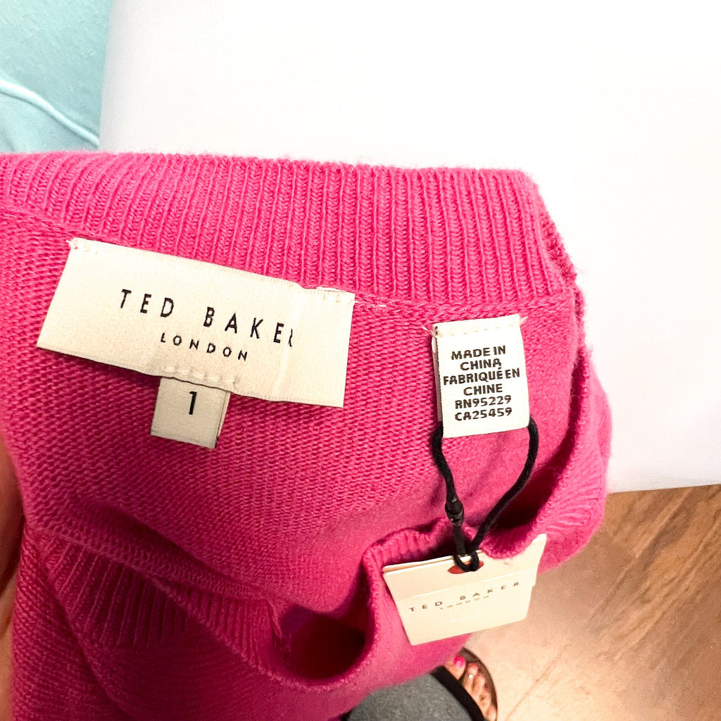 TED BAKER Essya Knit Midi Sweater Dress Small Size 1 Bright Pink Slouchy Tie NWT