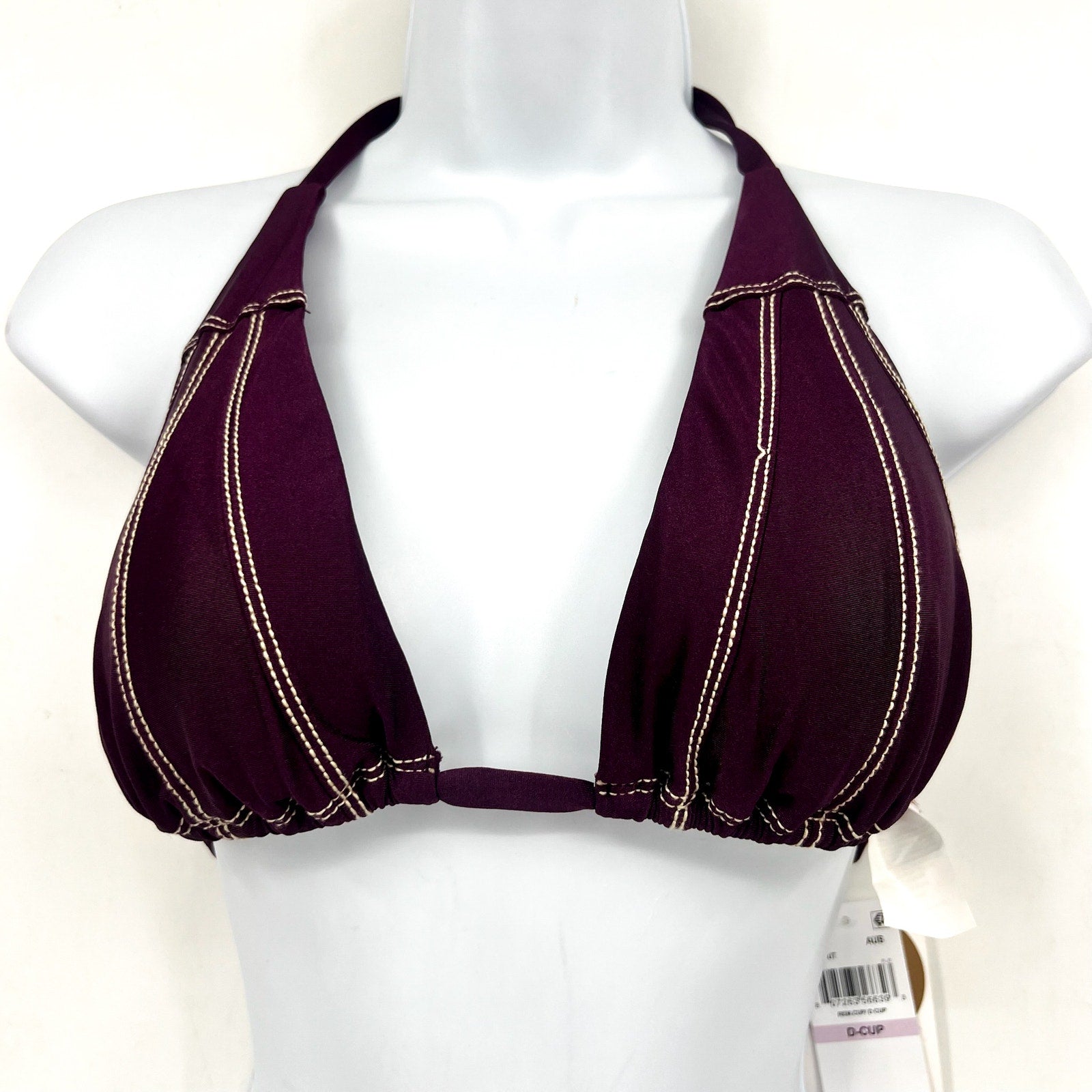 BECCA Color Sheen Contrast-Stitch Triangle Bikini Top D Cup Purple Aubergine NWT