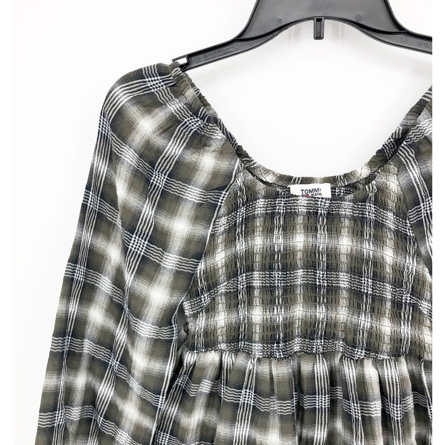 TOMMY JEANS Women's Plaid Peplum Top XS Green Thyme 3/4 Sleeve NWT