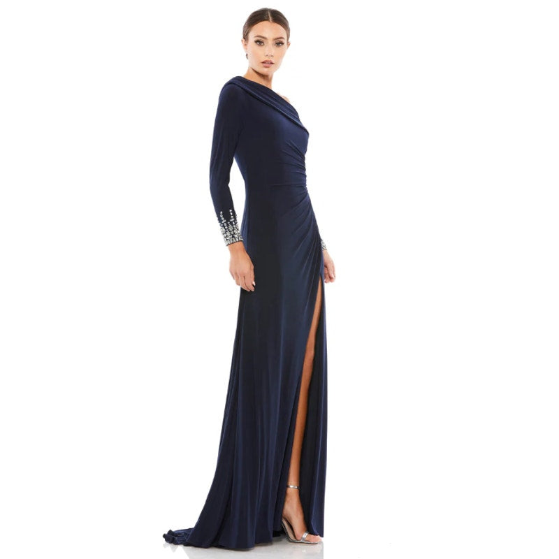 MAC DUGGAL Beaded Cuff Drop Shoulder Gown Size 16 Midnight Navy Blue Formal NWT