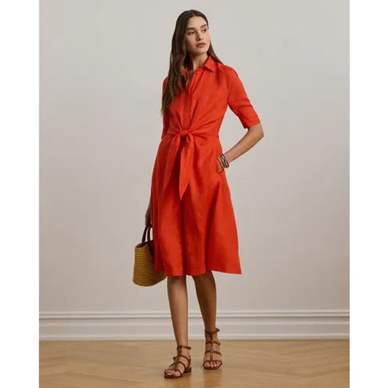 LAUREN RALPH LAUREN Tie-Front Linen Shirtdress Size 6 Orange Short Sleeve NWT