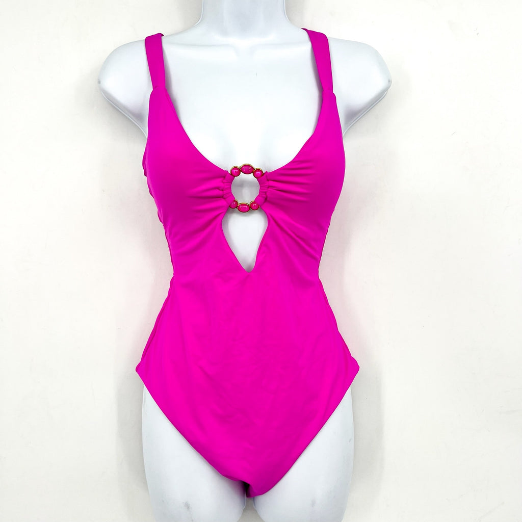 BECCA Marble Canyon One Piece Swimsuit Large Pink Azalea Embellished Ring NWT