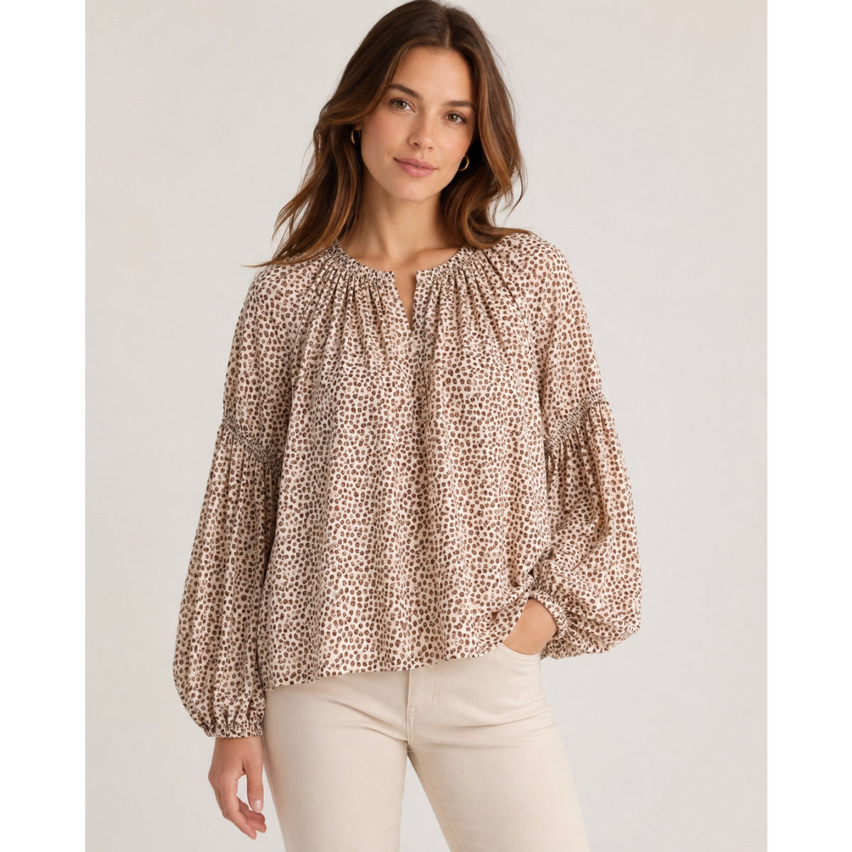 DANIEL RAINN Womens Ikat Blouse Medium Cream Red Print Long Sleeve NWT