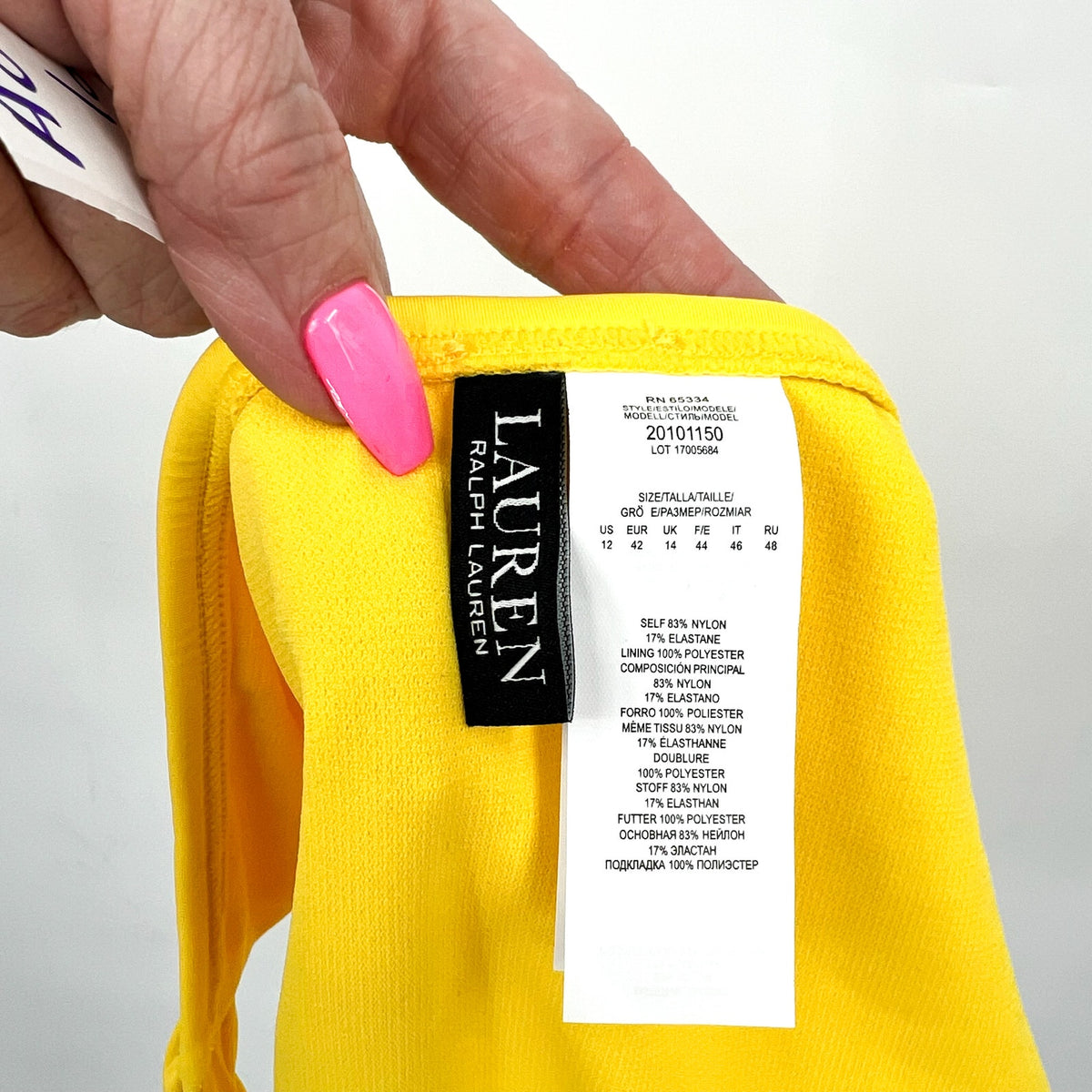 LAUREN RALPH LAUREN Shirred Hipster Bikini Bottom Size 12 Yellow Beach Club NWT