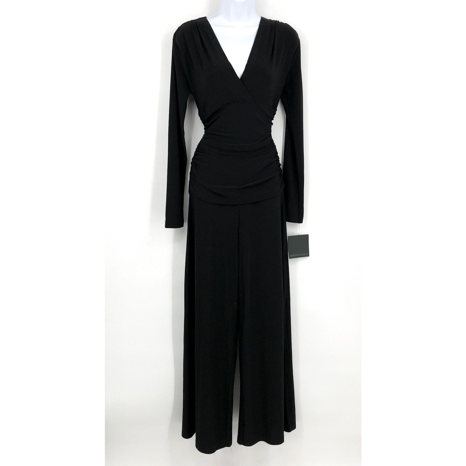 NORMA KAMALI V-Neck Shirred Waist Jumpsuit Medium 38 Black Long Sleeve NWT