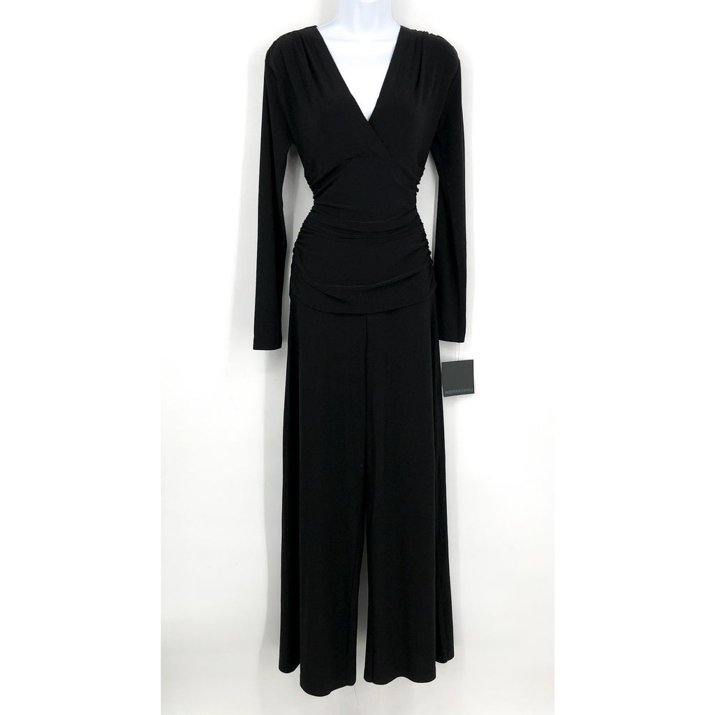 NORMA KAMALI V-Neck Shirred Waist Jumpsuit Medium 38 Black Long Sleeve NWT