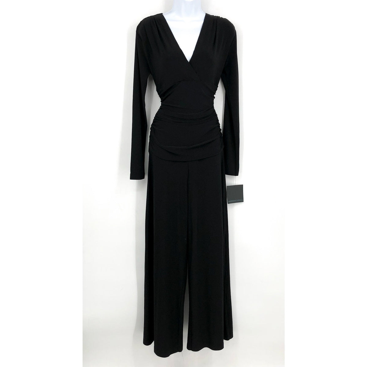 NORMA KAMALI V-Neck Shirred Waist Jumpsuit Medium 38 Black Long Sleeve NWT