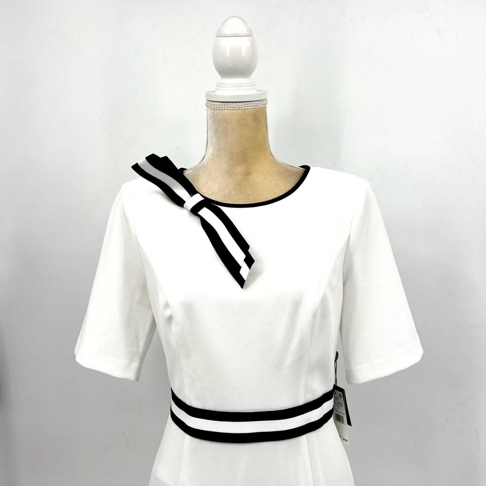 ADRIANNA PAPELL Women's Crepe Ribbon Dress Size 10 Ivory Black Knee Length NWT