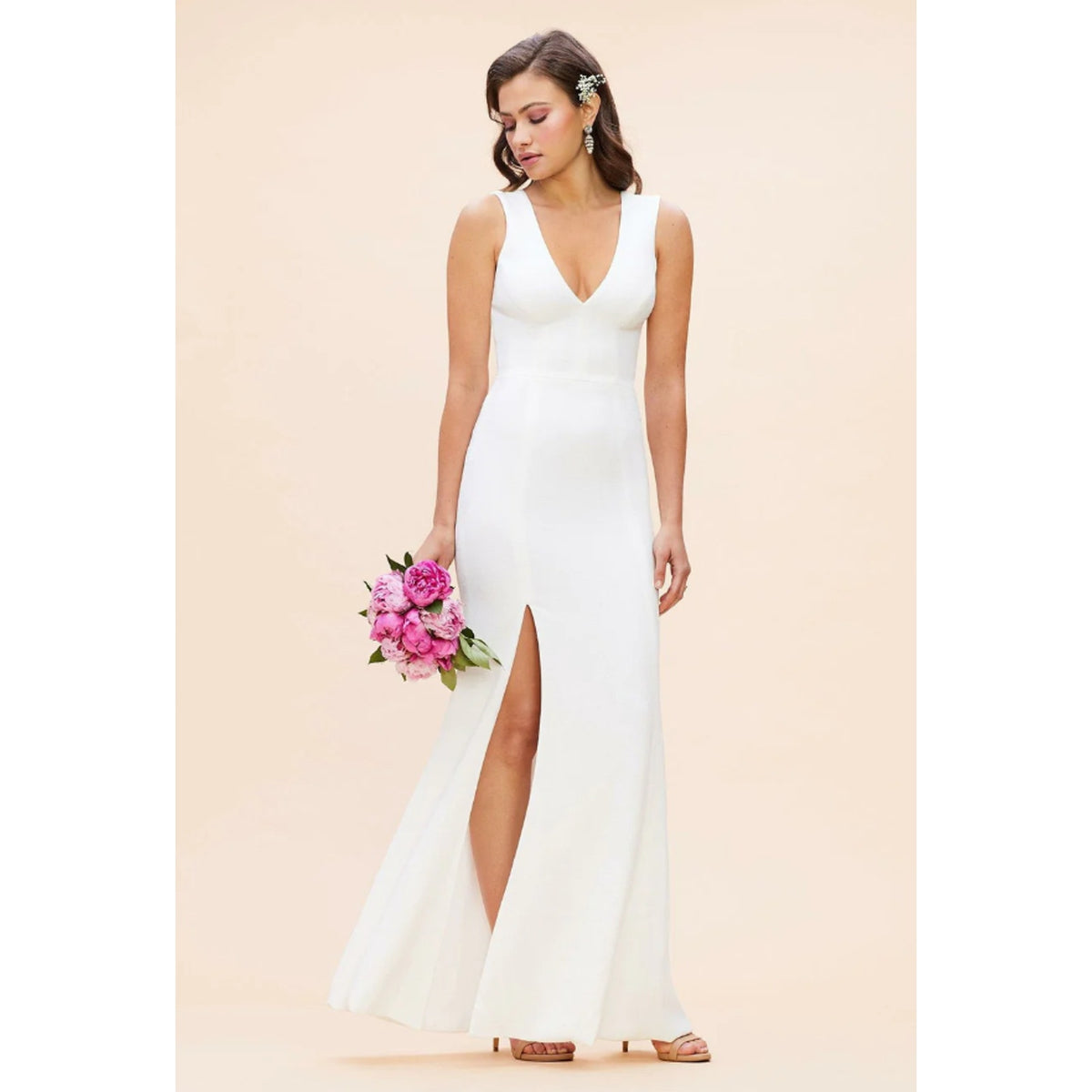 DRESS THE POPULATION Sandra Trumpet Gown Dress Small White Stretch Crepe NWT