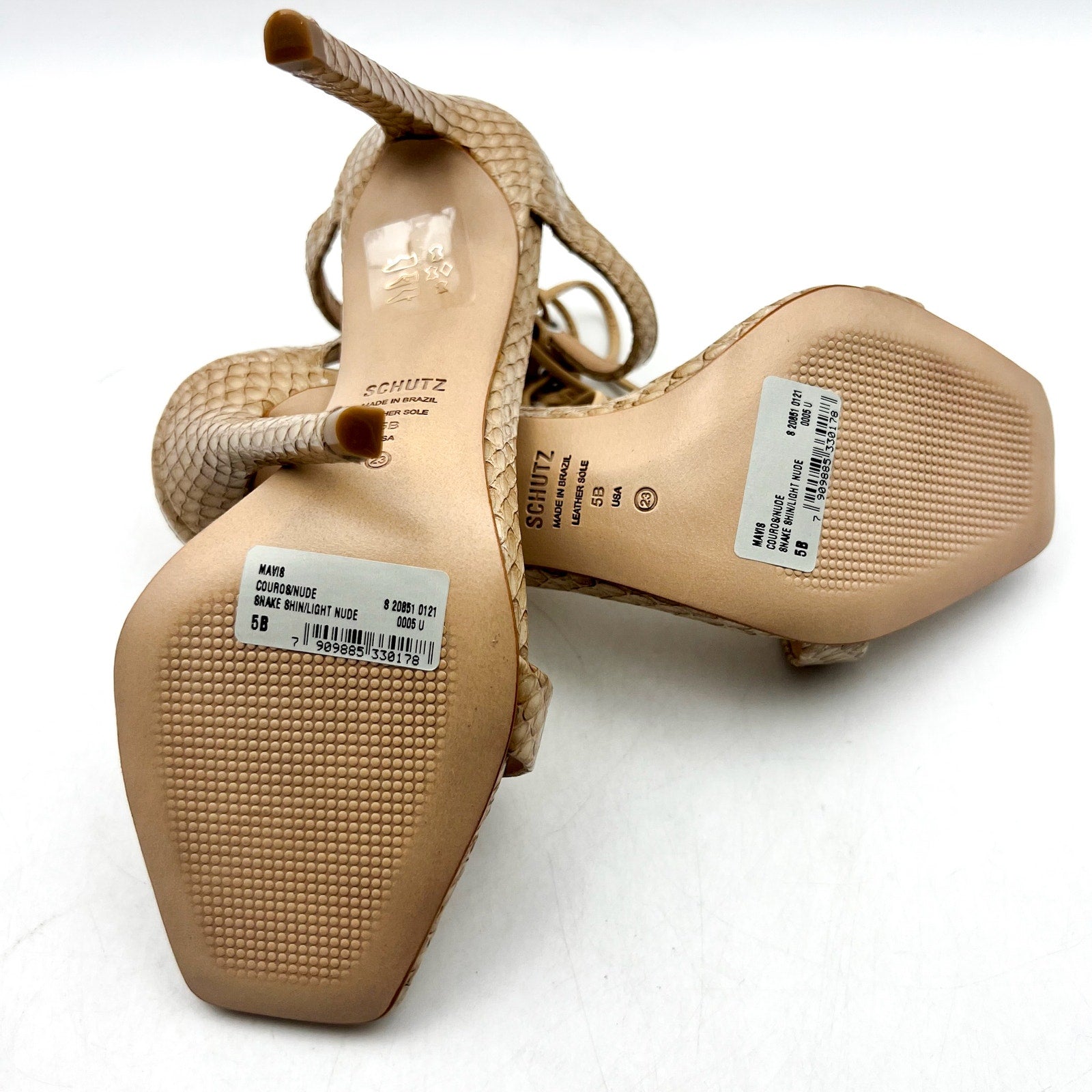 SCHUTZ Womens Mavis Heel Sandals Size 5 B Snake Shine Light Nude Leather NIB