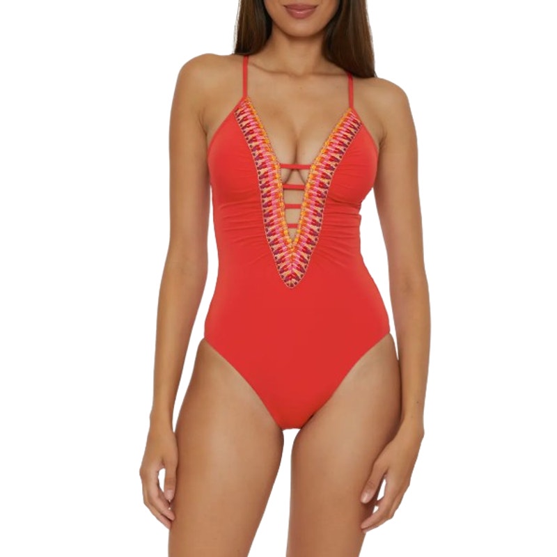 BECCA Fiesta Clare Plunge One Piece Swimsuit Large Fire Red Embroidered NWT