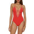 BECCA Fiesta Clare Plunge One Piece Swimsuit Large Fire Red Embroidered NWT
