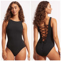 SEAFOLLY Sea Dive High Neck One Piece Swimsuit Size 12 Black Lace Back NWT