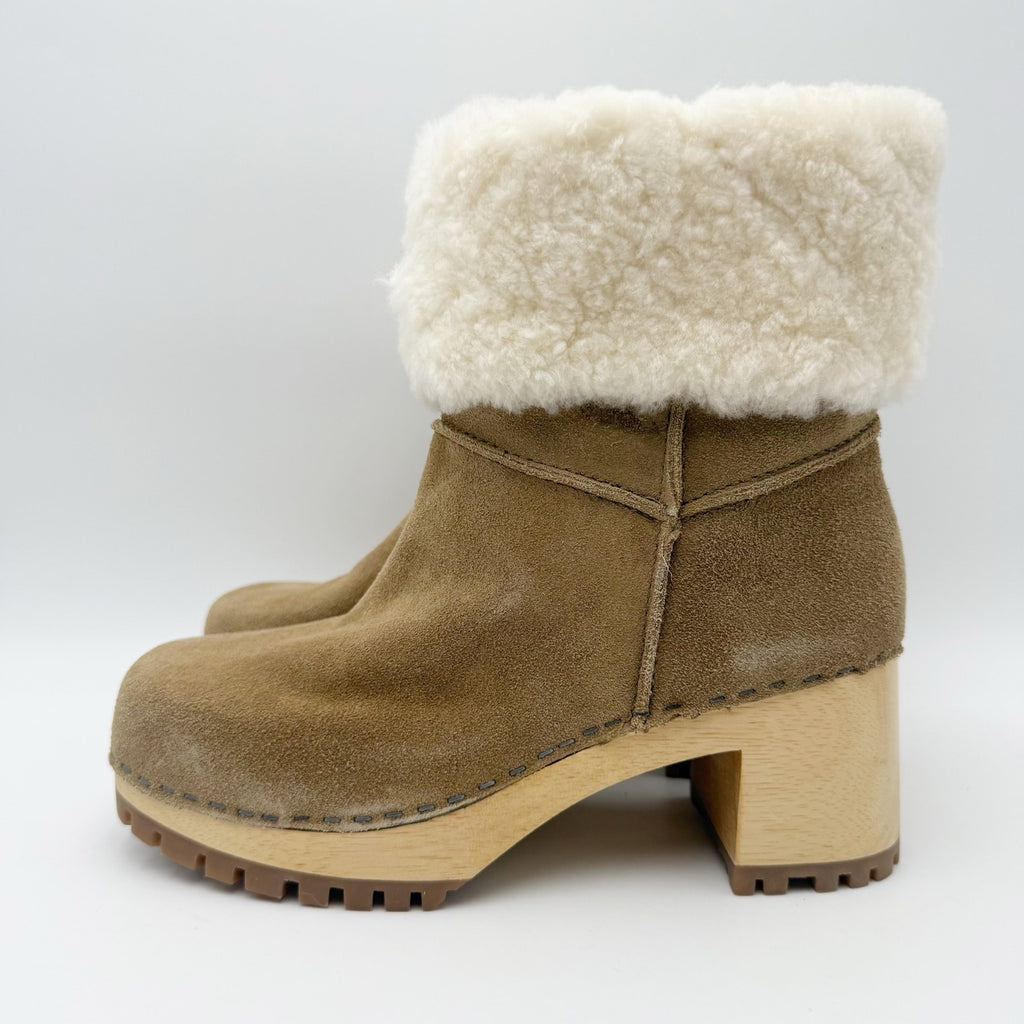 MIA Clogs Womens Jildie Boots Size M Beige Tan Suede Fur Trim NWOB
