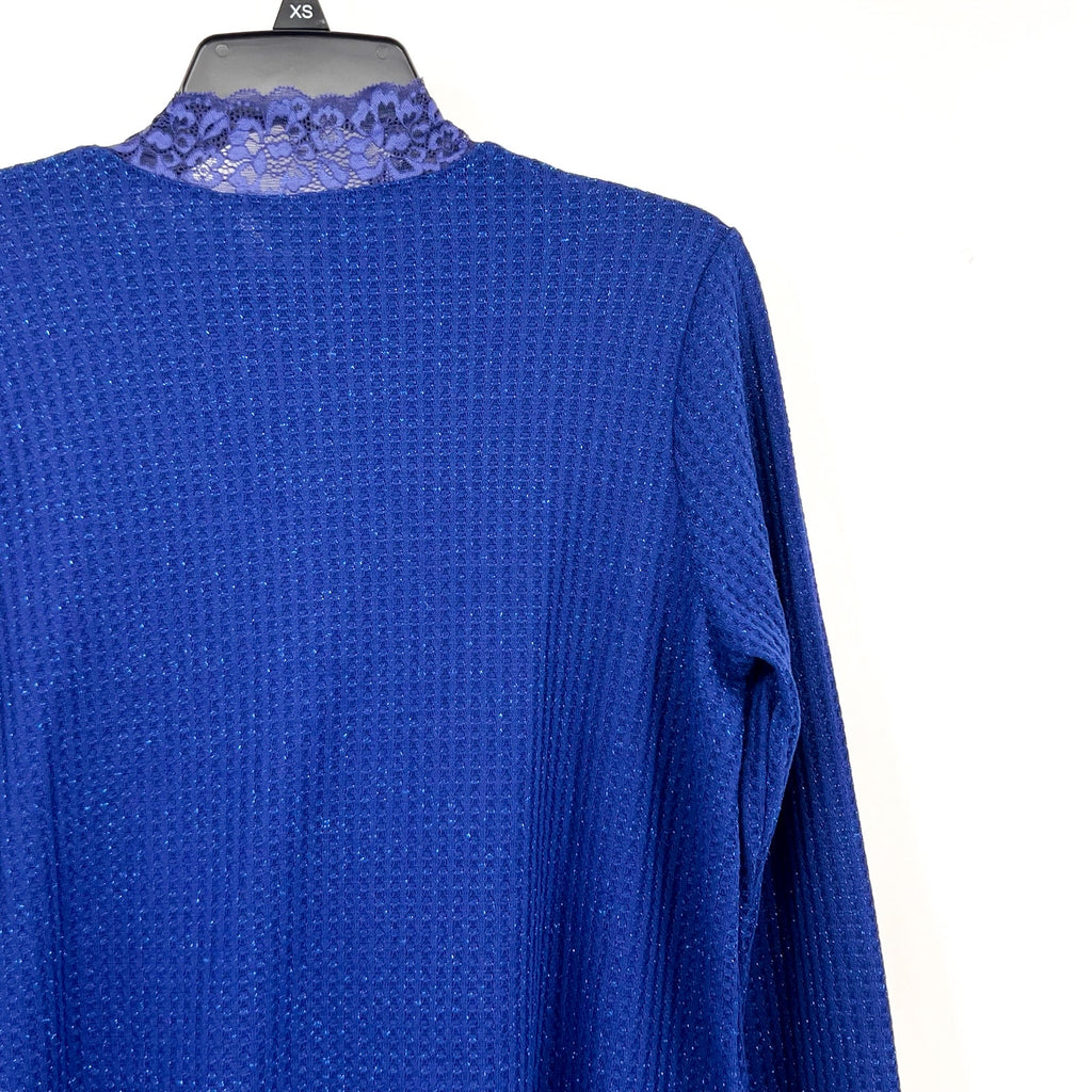 LOGO LORI GOLDSTEIN Metallic Waffle Knit Top Small Blue Sodalite Mock Neck NWOT