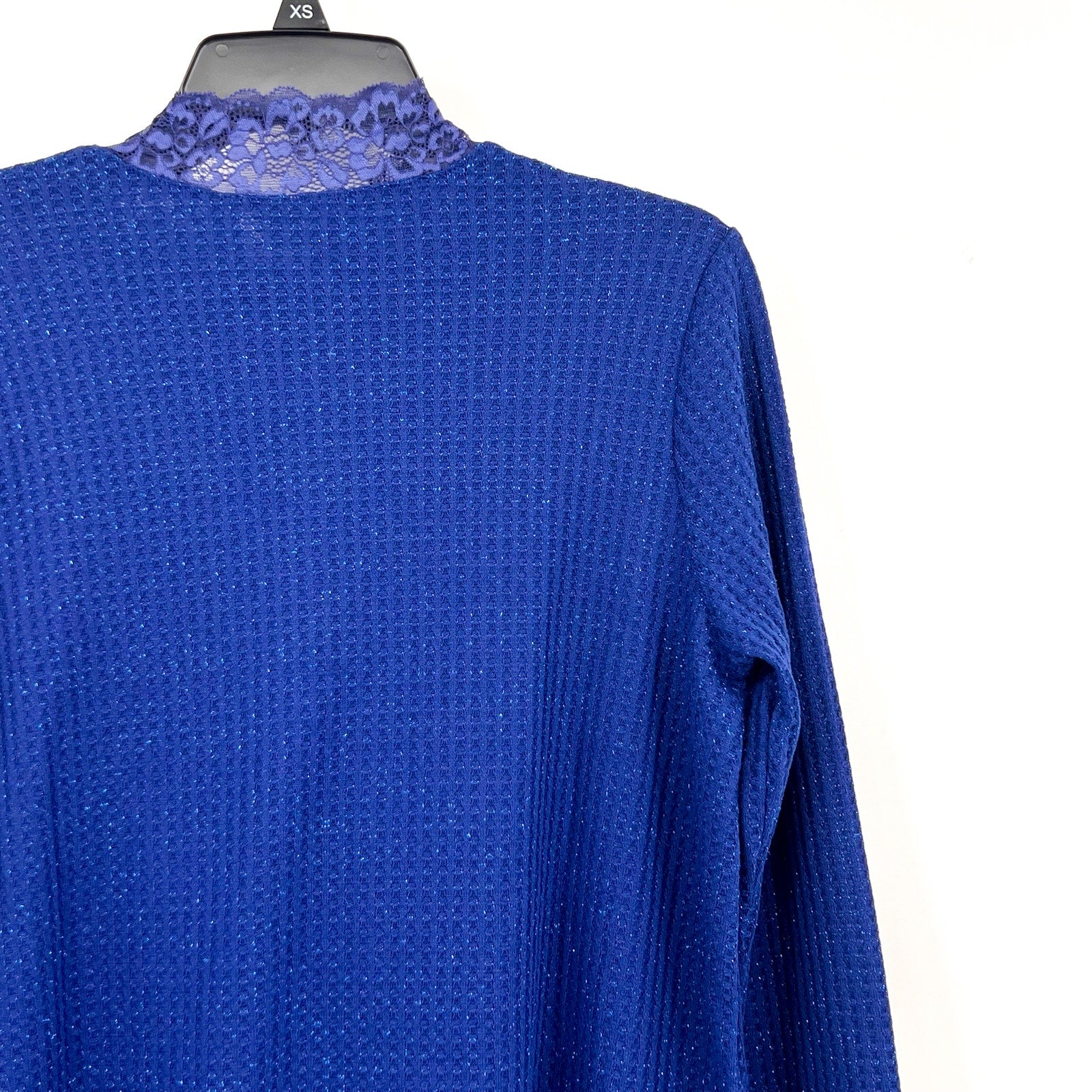 LOGO LORI GOLDSTEIN Metallic Waffle Knit Top Small Blue Sodalite Mock Neck NWOT