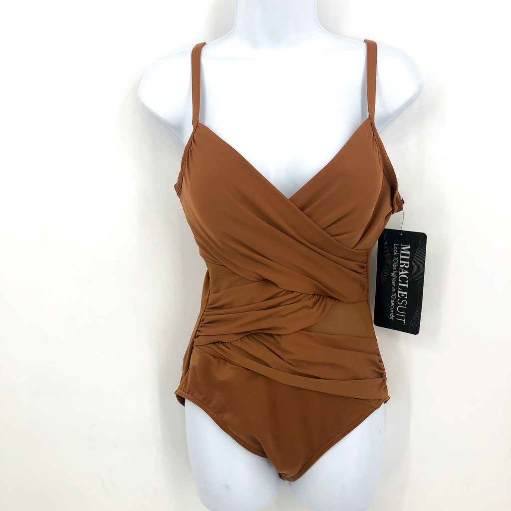 MIRACLESUIT Mystique Mesh One Piece Swimsuit Size 10 Scotch Dark Tan NWT