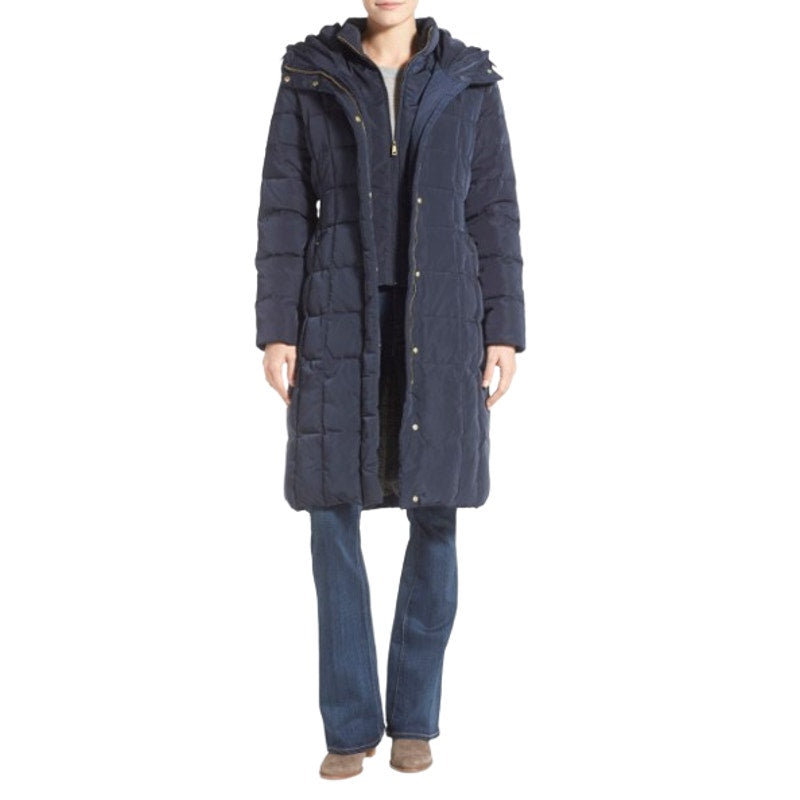 COLE HAAN Women’s Box Quilt Down Puffer Coat XS Navy Blue Hooded NWT