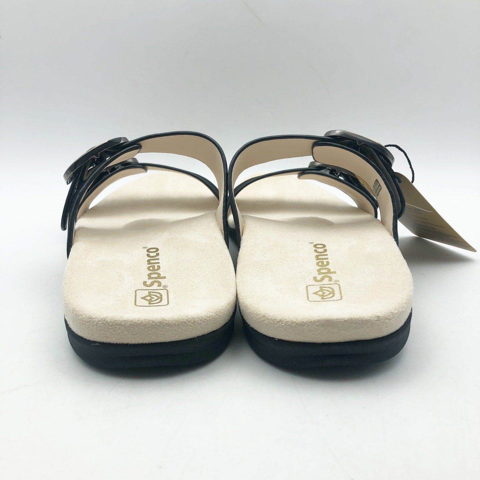 Spenco Womens Vista Slip On Sandals US 7.5 WIDE Black Leather Arch Support NIB