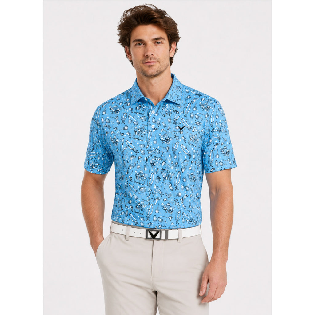 CALLAWAY Men's Opti Dri All Over Golf Polo Shirt Large River Blue Printed NWT