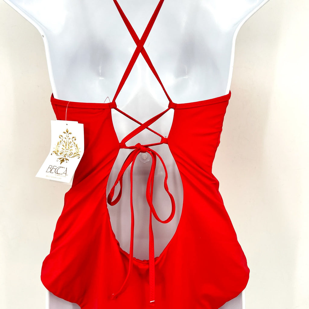 BECCA Fiesta Clare Plunge One Piece Swimsuit Large Fire Red Embroidered NWT