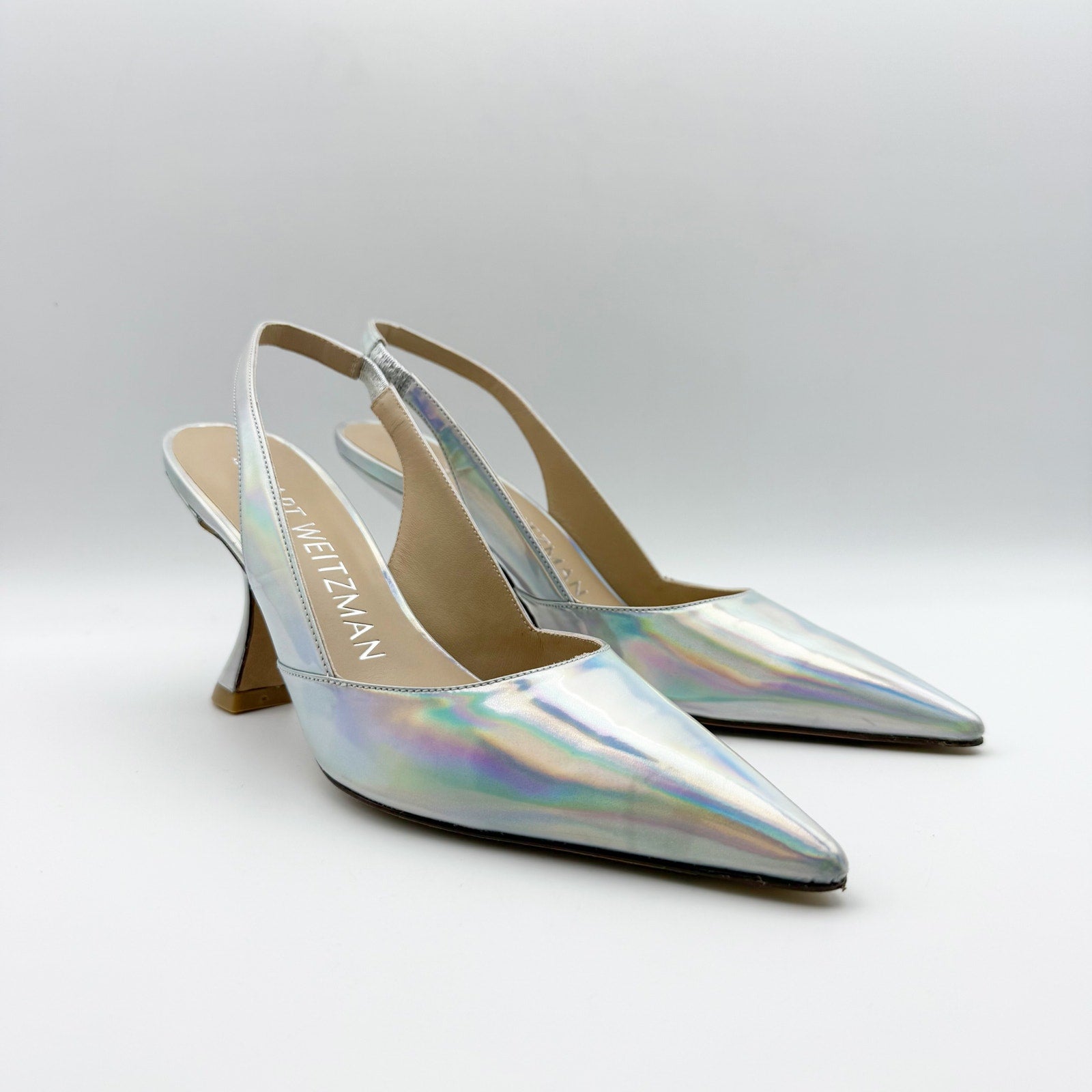 Stuart Weitzman Womens Xcurve 85 Slingback Heels US 6.5 Silver Sling Back NWOB