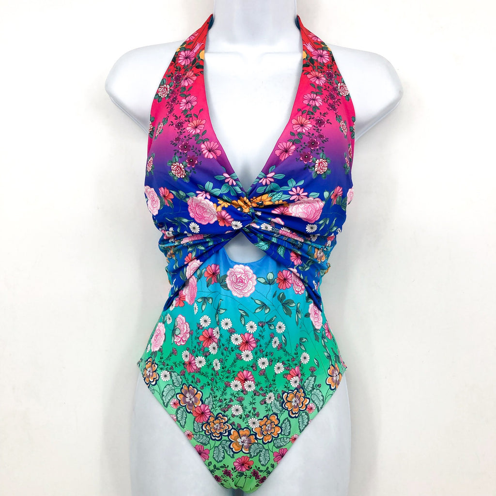 JOHNNY WAS Women's Rainbow One Piece Swimsuit Small Twist Keyhole Floral NWT