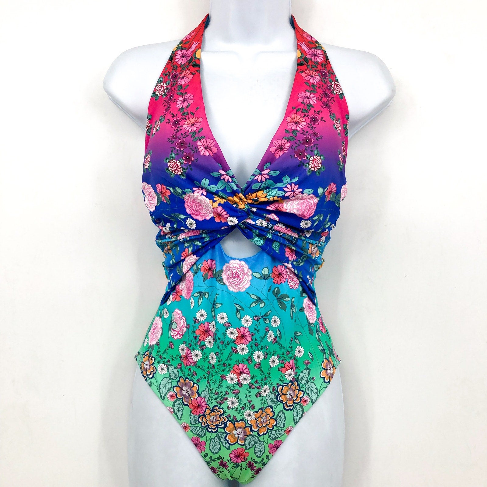 JOHNNY WAS Women's Rainbow One Piece Swimsuit Small Twist Keyhole Floral NWT
