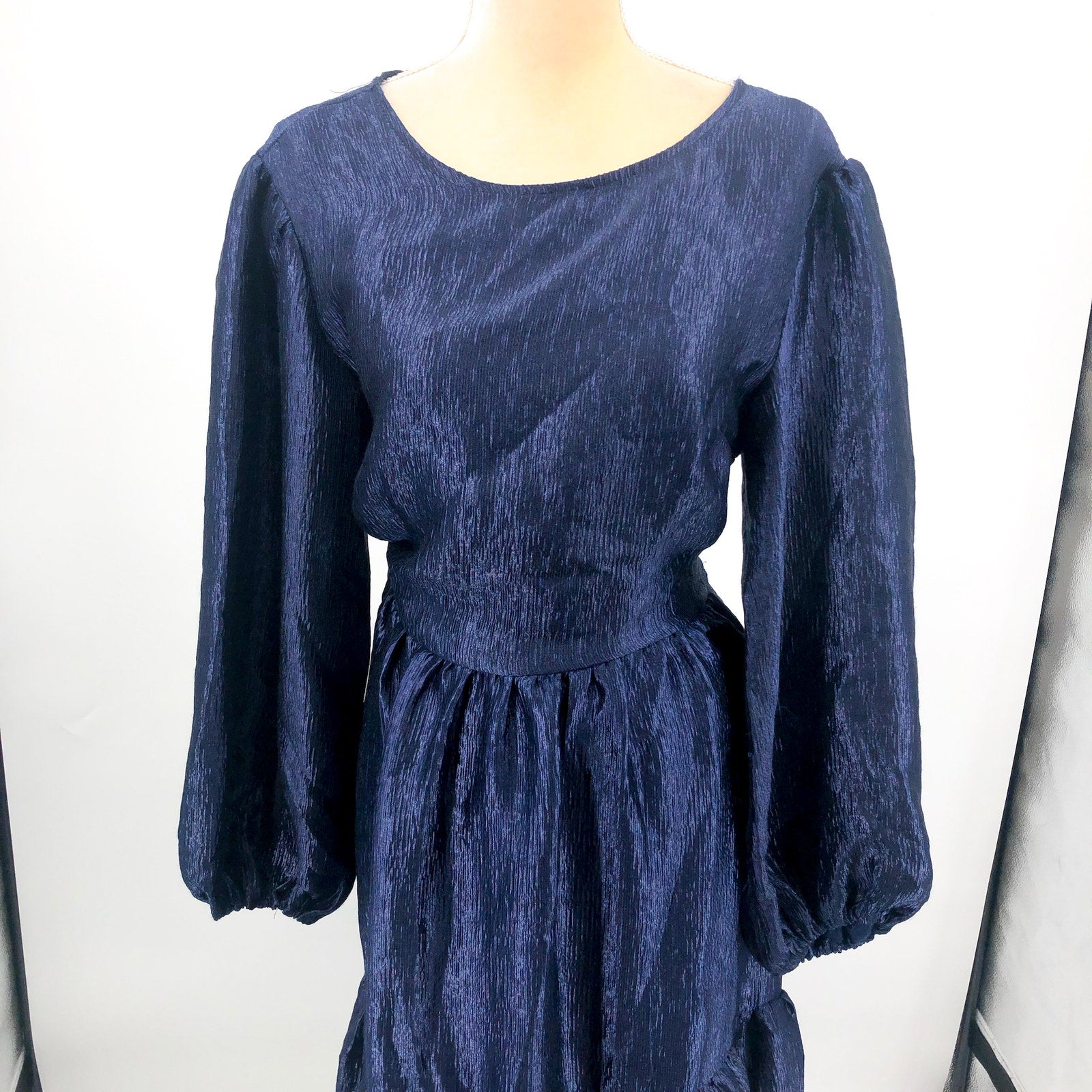 TOPSHOP Open Back Midi Dress Size 10 Midnight Blue Premium Textured Jacquard NWT